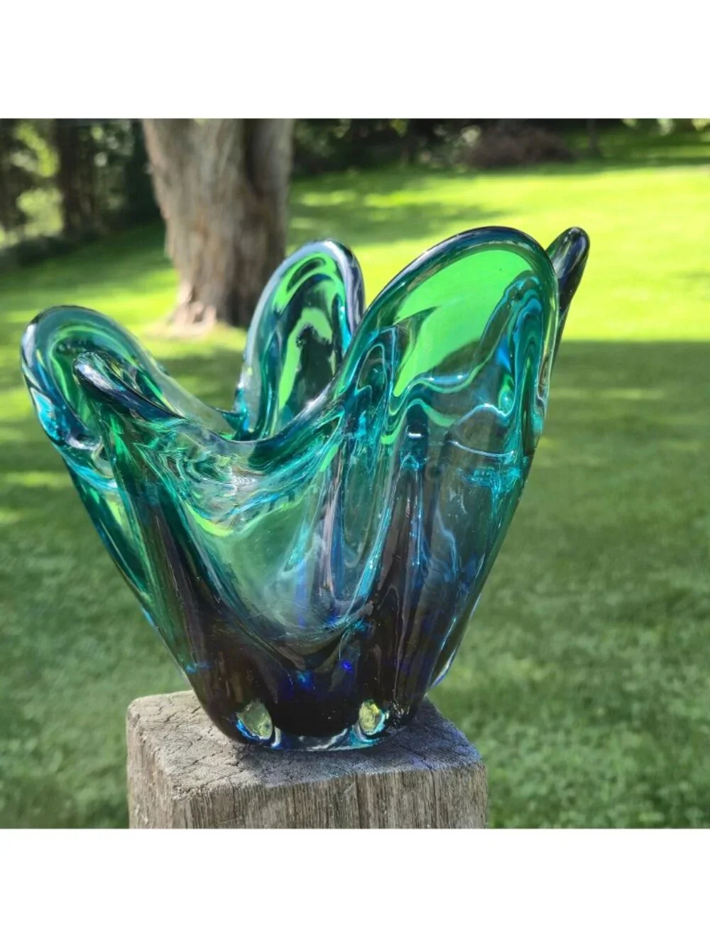 Turquoise Aquamarine Handkerchief Glass Vase MCM Mod Rippled VTG Sculptural Art
